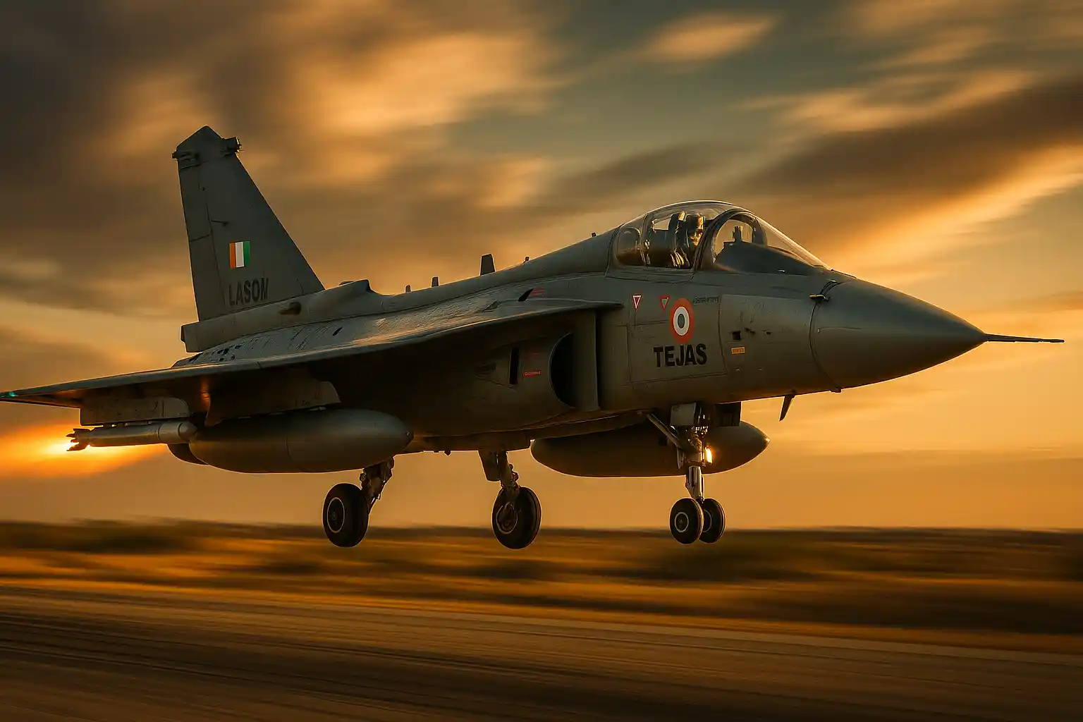 HAL Tejas Mk1A fighter jet of the Indian Air Force taking off at sunset, showcasing indigenous aerospace strength, combat readiness, and Atmanirbhar Bharat defence initiative.