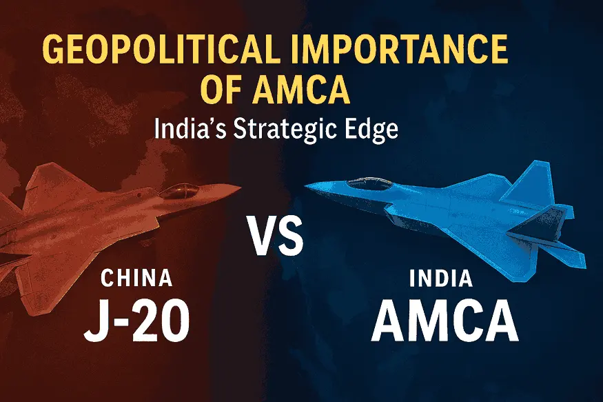 Comparison graphic of China’s J-20 and India’s AMCA fighter jets with 'VS' label, highlighting strategic rivalry.