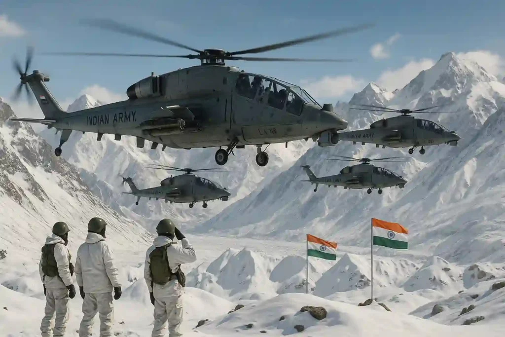 Formation of Indian Army LCH Prachand helicopters flying above the snow-covered Siachen Glacier with soldiers saluting below and Indian flags visible, showcasing operational realism in extreme high-altitude terrain.