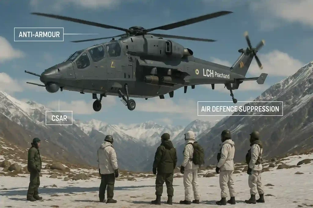 Indian LCH Prachand attack helicopter hovering above snowy high-altitude terrain with technicians and soldiers in winter gear below, labeled roles for anti-armour, CSAR, and air defence suppression.
