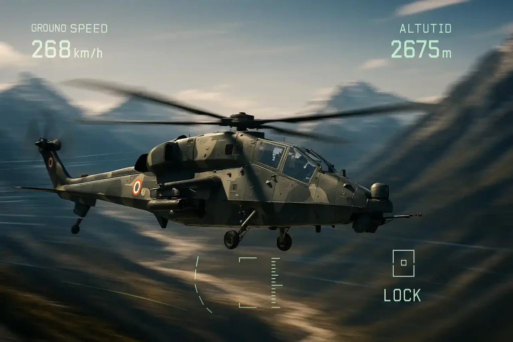 LCH Prachand helicopter soaring at high speed above Himalayan valleys with motion blur, digital HUD overlay displaying speed (268 km/h), altitude (2675 m), and weapon lock-on indicators in a cinematic, realistic style.