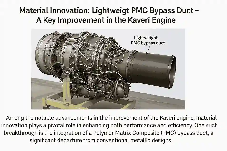 Lightweight Polymer Matrix Composite bypass duct on Kaveri engine improving thrust-to-weight ratio, agility, and fuel efficiency in Indian fighter jets like AMCA.
