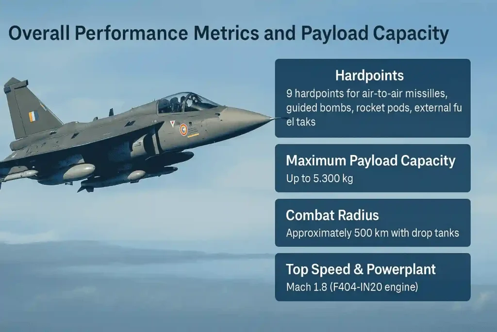 Tejas Mk1A fighter jet in flight with labeled hardpoints, 5,300 kg payload capacity, 500 km combat range, and Mach 1.8 top speed — highlighting performance specifications.