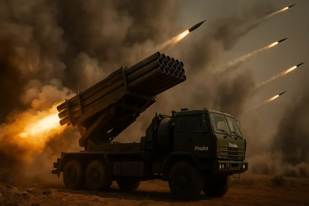 Pinaka MBRL system launching a coordinated rocket salvo in a dusty battlefield, intercepting multiple enemy positions with trails of smoke and fire against a dramatic, war-torn sky.