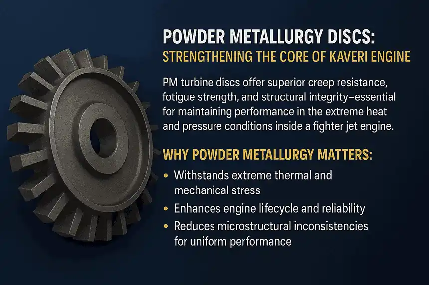 Powder Metallurgy turbine disc infographic highlighting benefits for Kaveri engine including thermal resistance, durability, and structural integrity in fighter jet applications.