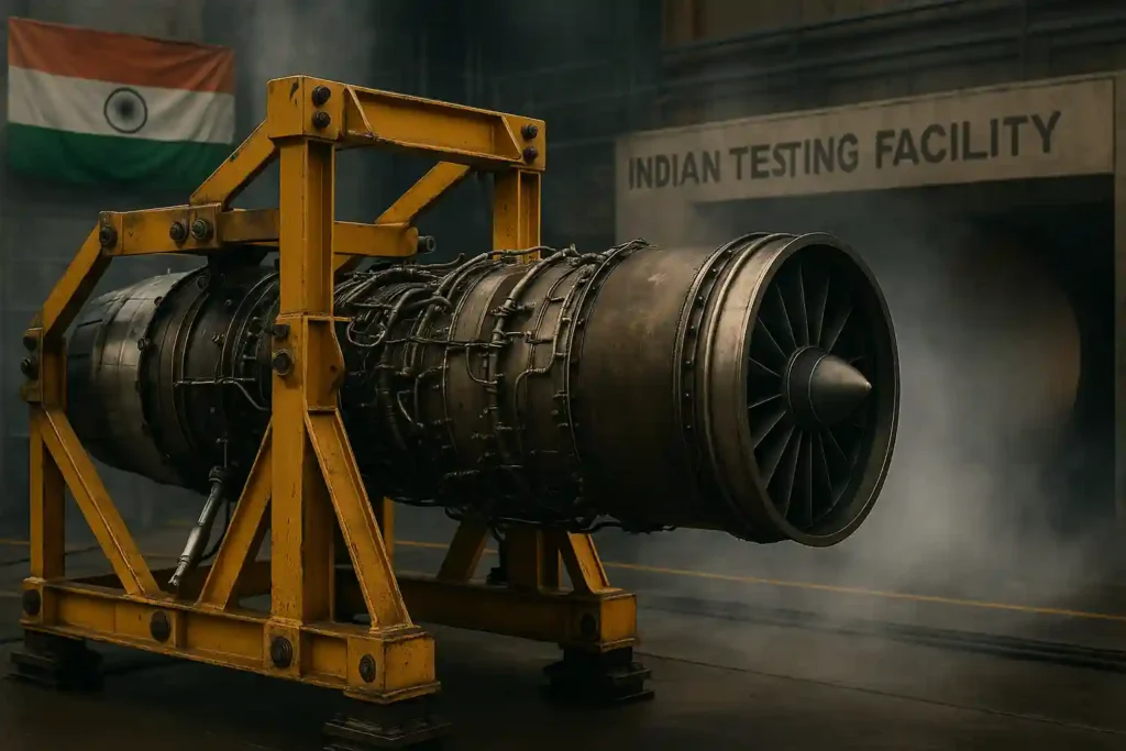 Realistic scene of a turbofan jet engine mounted on a rugged yellow test stand inside the Indian Testing Facility, surrounded by swirling exhaust smoke, aged industrial textures, and the national flag waving in the backdrop.
