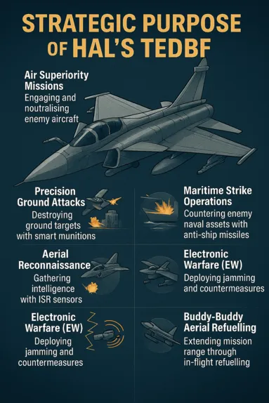 An engaging infographic titled "Strategic Purpose of HAL’s TEDBF" displays a stylized illustration of the Twin Engine Deck-Based Fighter in flight. The layout highlights six mission roles—air superiority, precision ground attack, maritime strike, reconnaissance, electronic warfare, and aerial refueling—each with vivid icons and short descriptions on a dark blue background, complemented by bold golden-yellow and white typography.