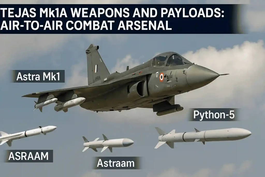 Tejas Mk1A fighter jet in flight displaying air-to-air combat loadout with labeled Astra Mk1, ASRAAM, and Python-5 missiles — highlighting India's advanced aerial warfare capability.
