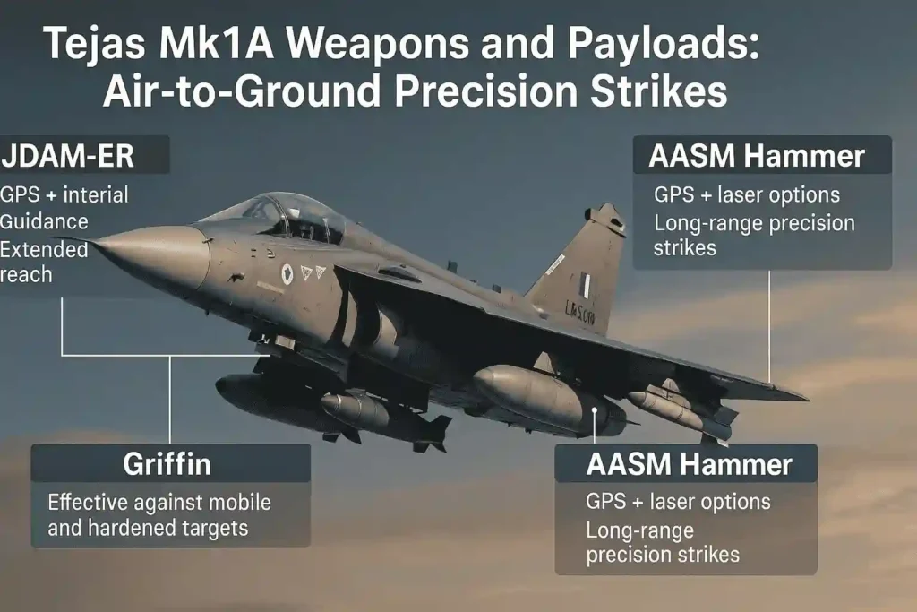 Tejas Mk1A fighter jet in flight with labeled JDAM-ER, Griffin, and AASM Hammer munitions, showcasing India's precision air-to-ground strike capabilities.