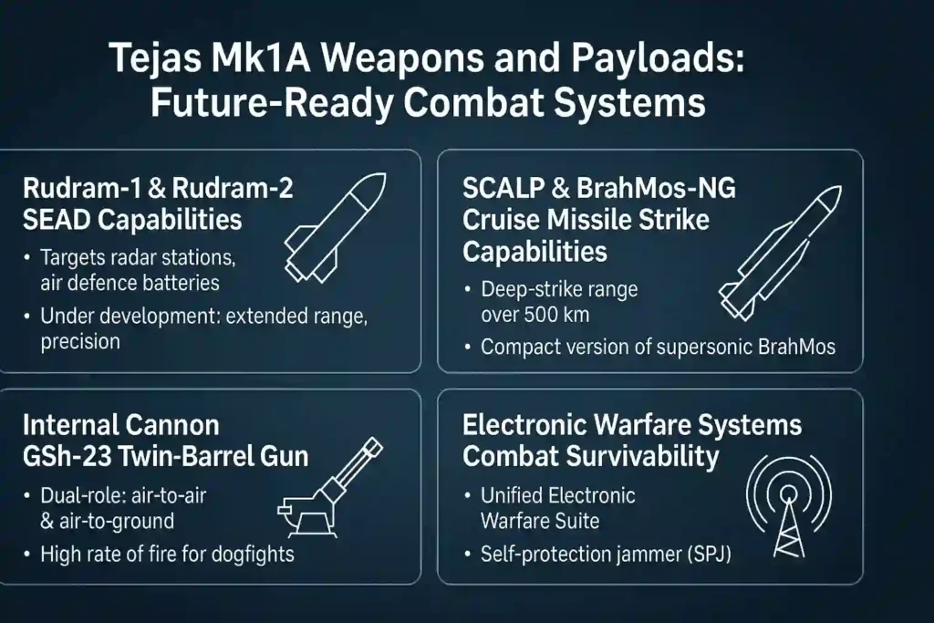 Infographic of Tejas Mk1A showcasing future combat systems with labeled Rudram missiles, cruise missiles, onboard cannon, and electronic warfare (EW) suite for advanced mission readiness.