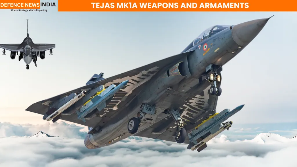 Side view of Tejas Mk1A in flight with bold title "Tejas Mk1A Weapons and Payloads" and visuals hinting at missiles, bombs, and advanced systems.