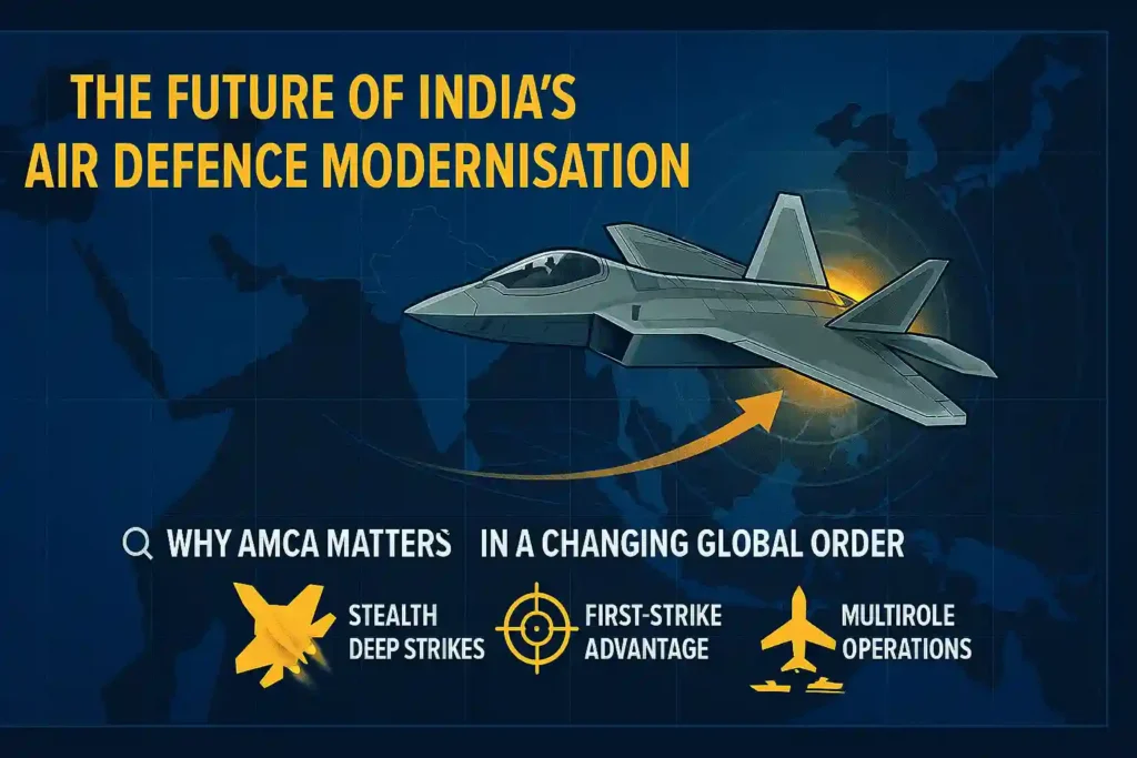 AMCA jet over Indo-Pacific map infographic showcasing stealth, first-strike advantage, multirole capabilities, and the geopolitical importance of AMCA for Indian air dominance.