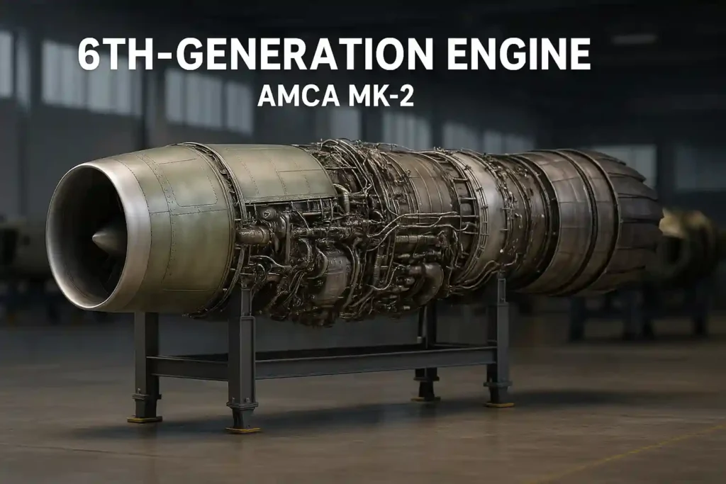 6th-generation jet engine for AMCA MK-2 displayed in Indian aerospace assembly facility, showcasing advanced turbine design and next-gen fighter propulsion system.