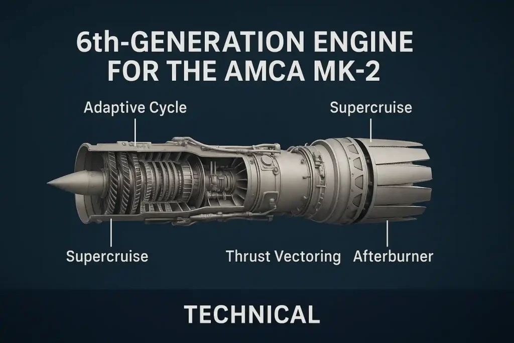 Technical diagram of 6th-generation AMCA MK-2 engine showing labeled components including adaptive cycle, supercruise, thrust vectoring, and afterburner in professional schematic format.