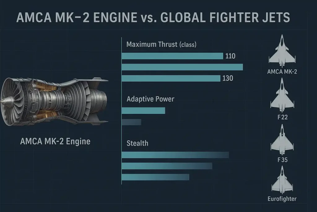 AMCA MK-2 engine compared with global fighter jets like F-22, F-35, and Eurofighter using bar graphs for thrust, adaptive power, and stealth in a professional aerospace infographic.