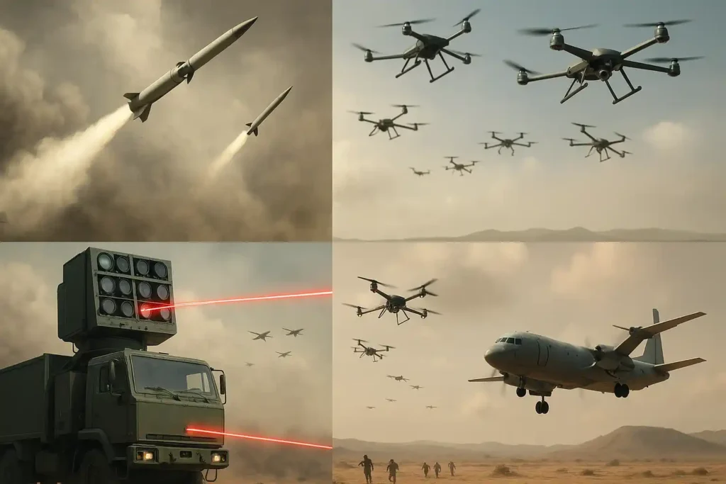 Realistic composite showing Sahastra Shakti Directed Energy Weapon system targeting UAVs, missile launches, and low-flying aircraft in battlefield conditions with dust, smoke, and Indian Army deployment.