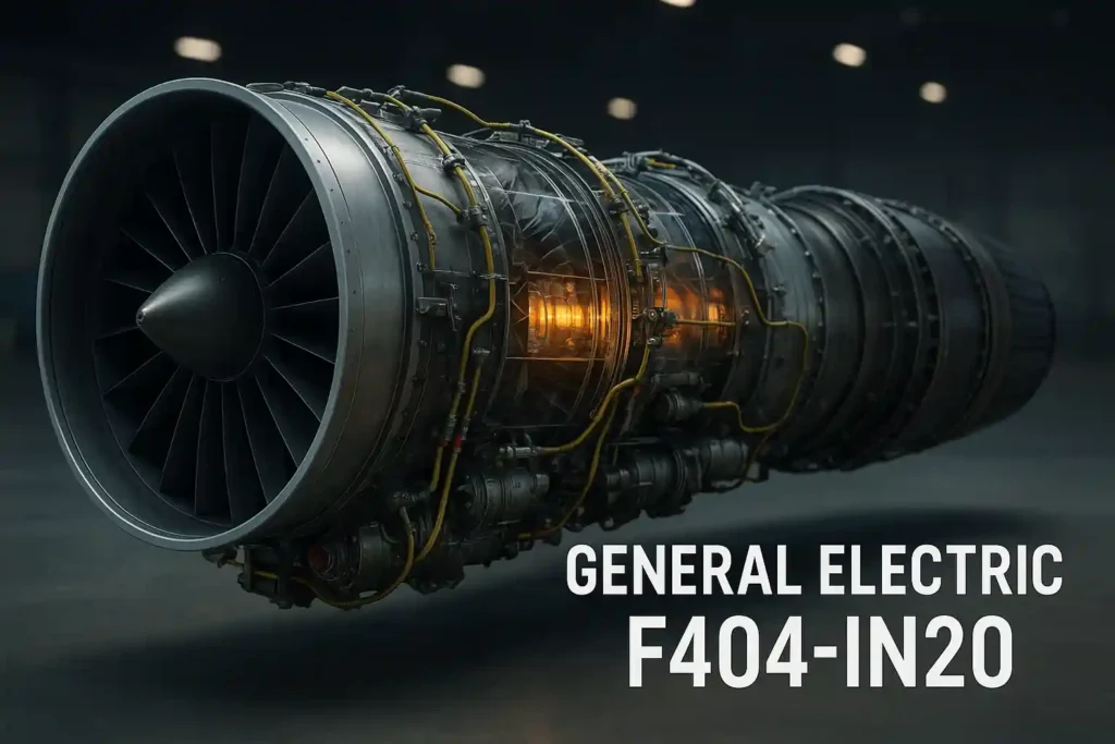 General Electric F404-IN20 turbofan engine powering India’s Tejas fighter jet, showcasing high thrust, combat performance, and aerospace engineering excellence.