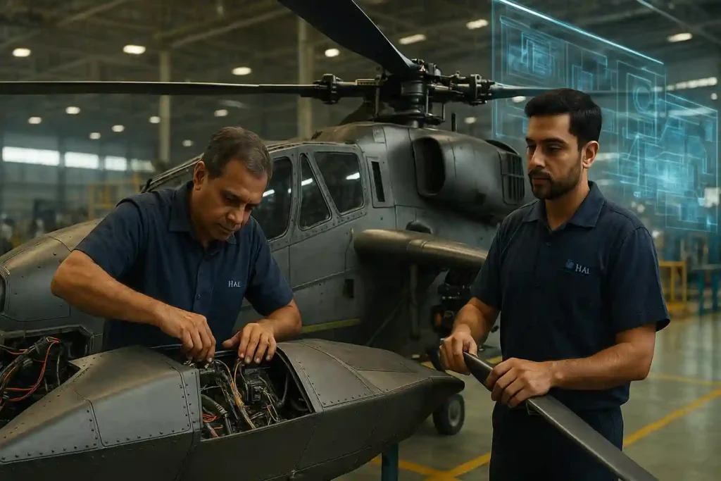 HAL engineers assembling LCH Prachand helicopter components with visible stealth panels, rotor blades, and wiring system, factory background with digital schematics.