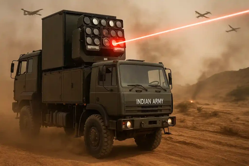 Indian Army 30kW laser weapon system mounted on a military truck, firing a red laser beam in a dusty desert battlefield with UAVs flying and smoke in the background.