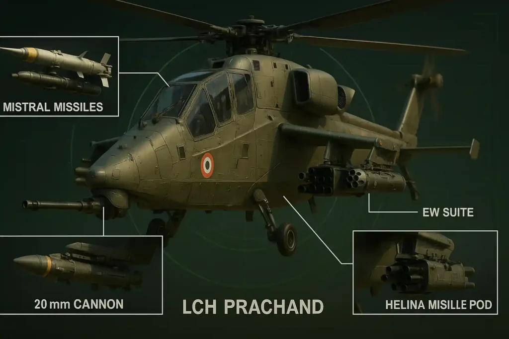 Realistic infographic of LCH Prachand helicopter with labeled Mistral missiles, 20mm cannon, HELINA missile pod, and EW suite in combat stance with target lock interface.
