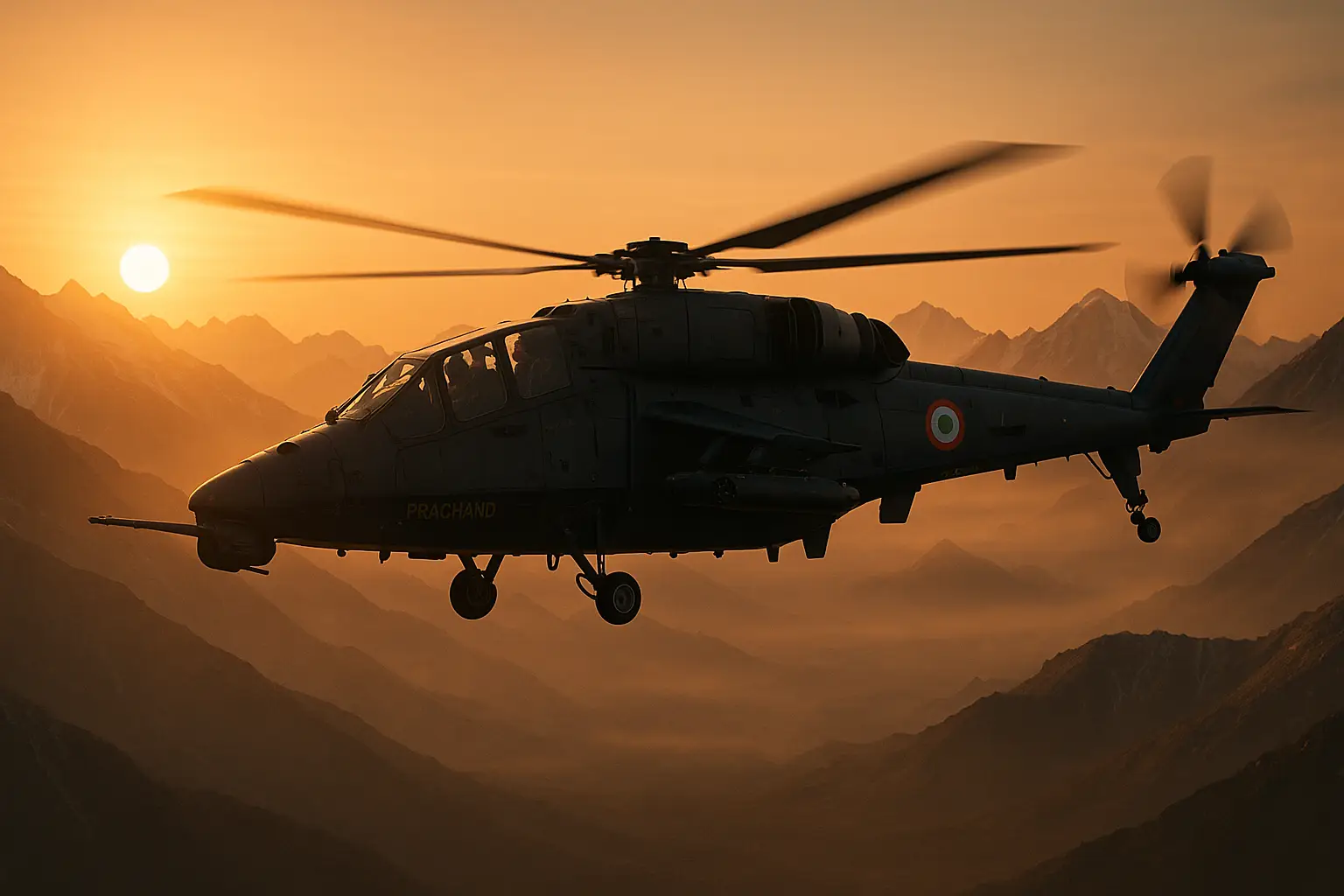 Indian Air Force LCH Prachand helicopter flying over Ladakh mountains at sunrise with tricolour insignia, showcasing military readiness.