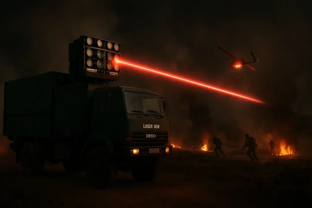 Indian DRDO laser DEW system in a dramatic night battle, firing a red laser to destroy an enemy drone mid-air with soldiers advancing amid smoke and battlefield fires.