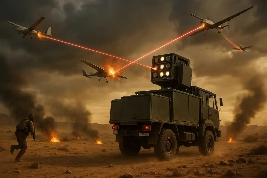 DRDO laser weapon truck targets multiple Turkish drones mid-air in a dramatic Indian desert battlefield during a storm, with explosions, dust trails, and soldiers in combat.