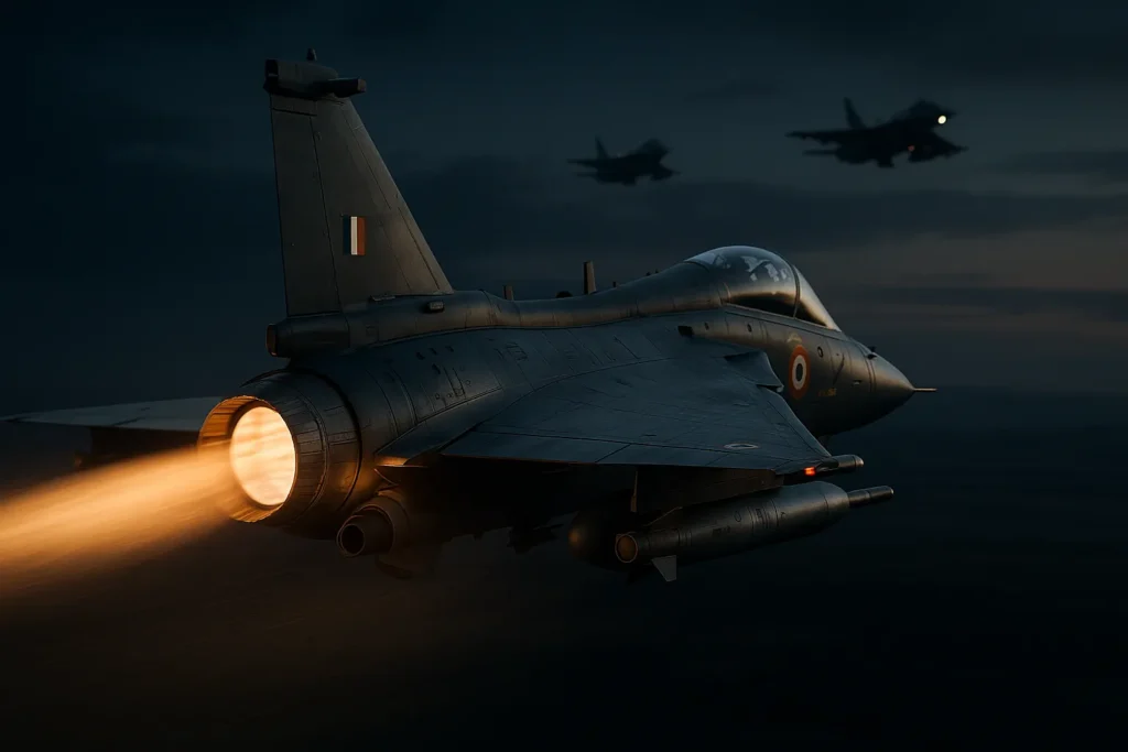 HAL Tejas Mk1A Indian fighter jet with GE F404-IN20 engine, afterburner engaged in twilight flight, accompanied by two jets in formation, cinematic military scene showcasing thrust, manoeuvrability, and aerial power.