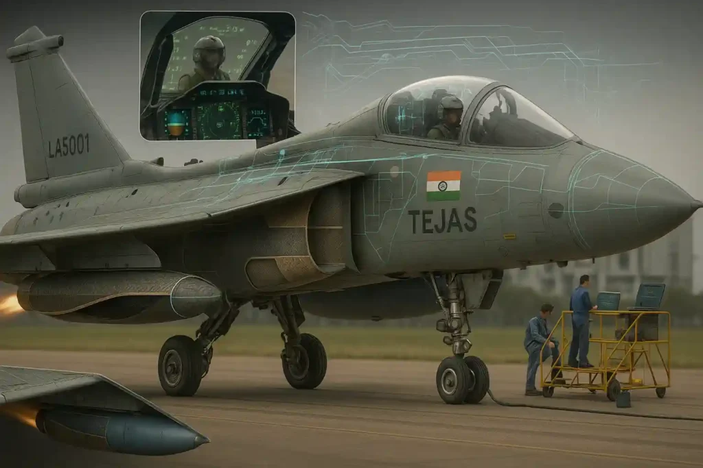 HAL Tejas Mk1A undergoing ground testing with Indian Air Force personnel inspecting advanced avionics systems before sortie, showcasing India's indigenous fighter jet capabilities.