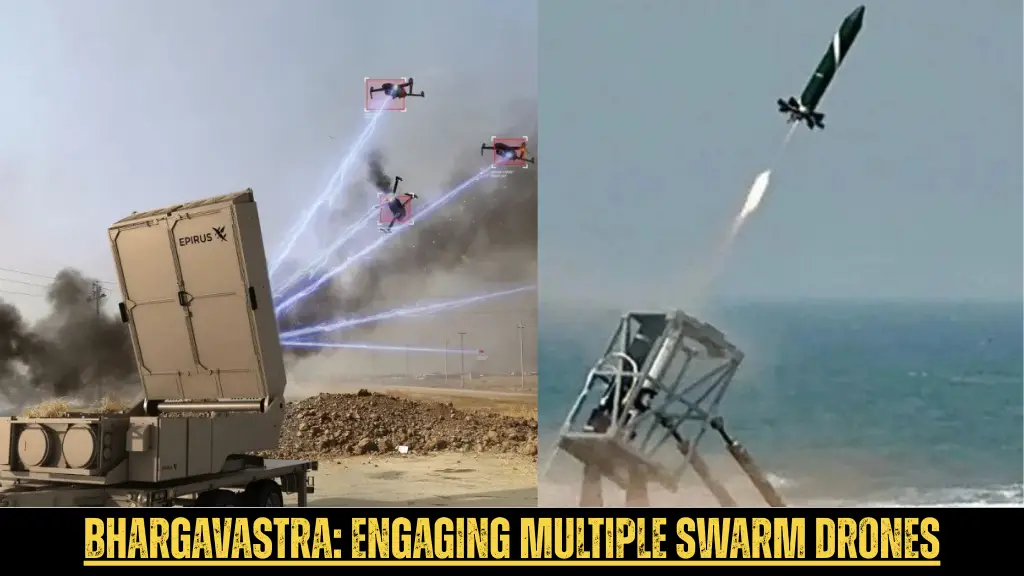 Bhargavastra micro-missile system intercepting multiple swarm drones during live defence operation.