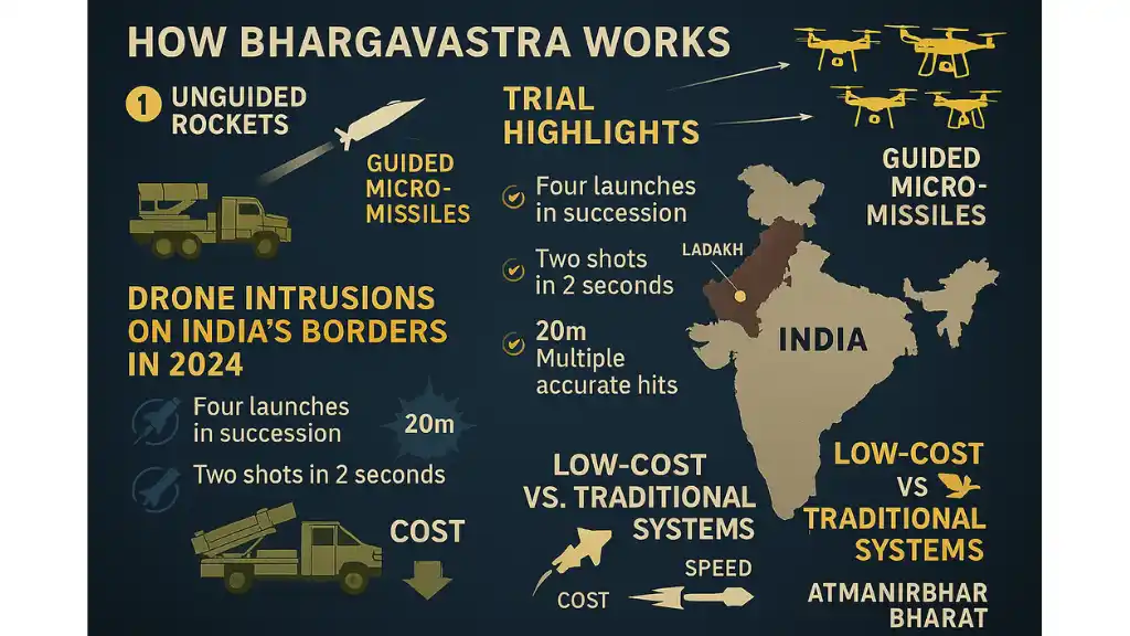 Infographic showing how Bhargavastra works as a multi-layer counter-drone system, using unguided rockets and guided micro-missiles to target yellow drones during 2024 border intrusions, with performance stats, map visuals, and cost-effectiveness comparison.