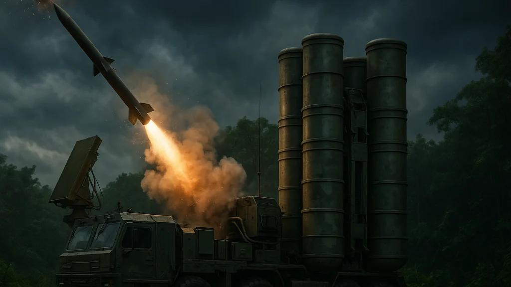 India’s S-400 Sudarshan Chakra firing high-speed missile during air defence operation in border zone.