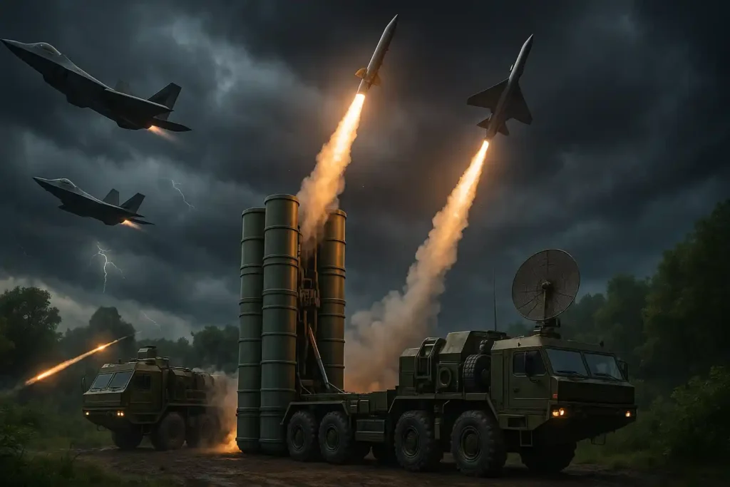 Realistic S-400 air defense system launching interceptor missiles in a forest under a stormy sky, engaging stealth aircraft like F-22 and B-2 Spirit.