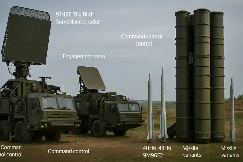 Complete S-400 missile system with surveillance radar, engagement radar, command unit, mobile launchers, and missile variants including 40N6, 48N6, 9M96E2 in field deployment setup.
