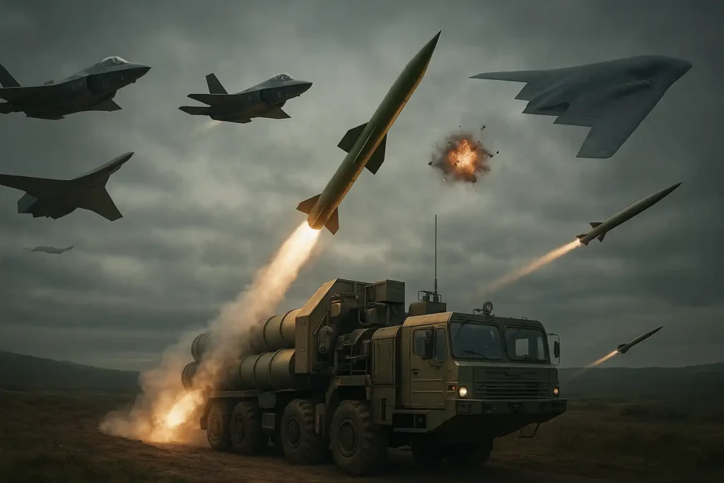 Realistic battlefield image of Russia’s S-400 missile system intercepting stealth threats including F-35, F-22, B-2 Spirit bomber, and ATACMS missile, showcasing radar-guided defense capability in hostile skies.