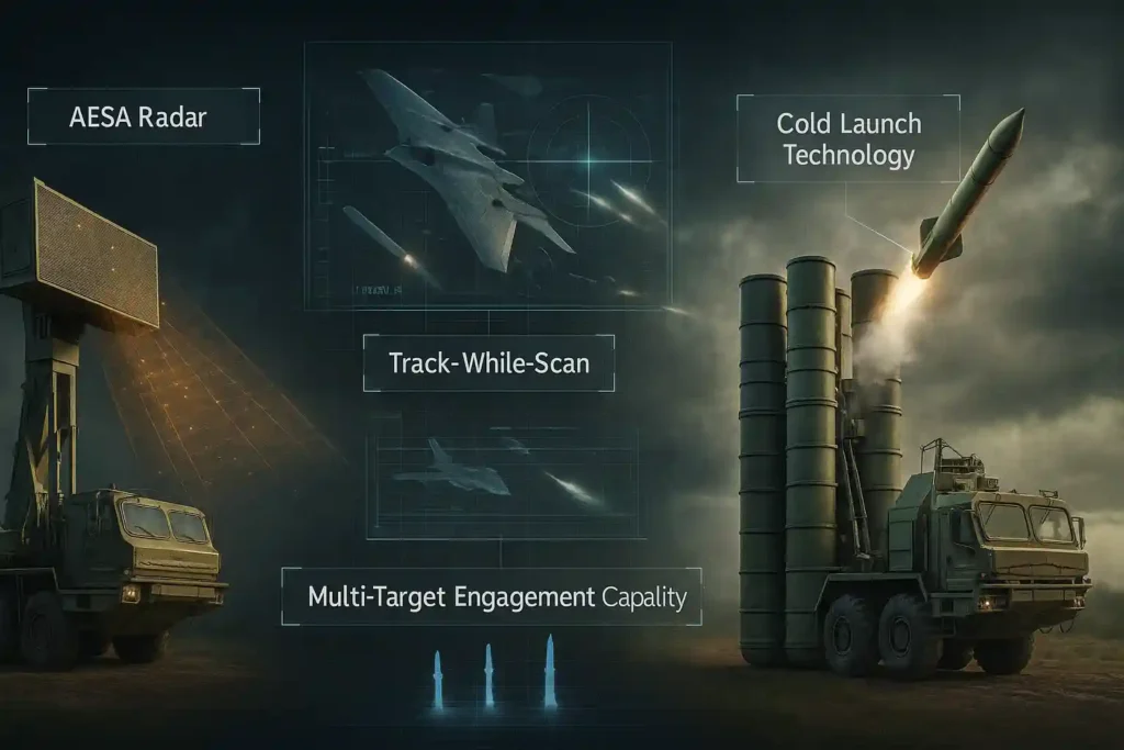 High-resolution digital composite of the S-400 air defense system showcasing AESA radar, cold launch technology, multi-target tracking, and stealth aircraft detection with realistic visuals.