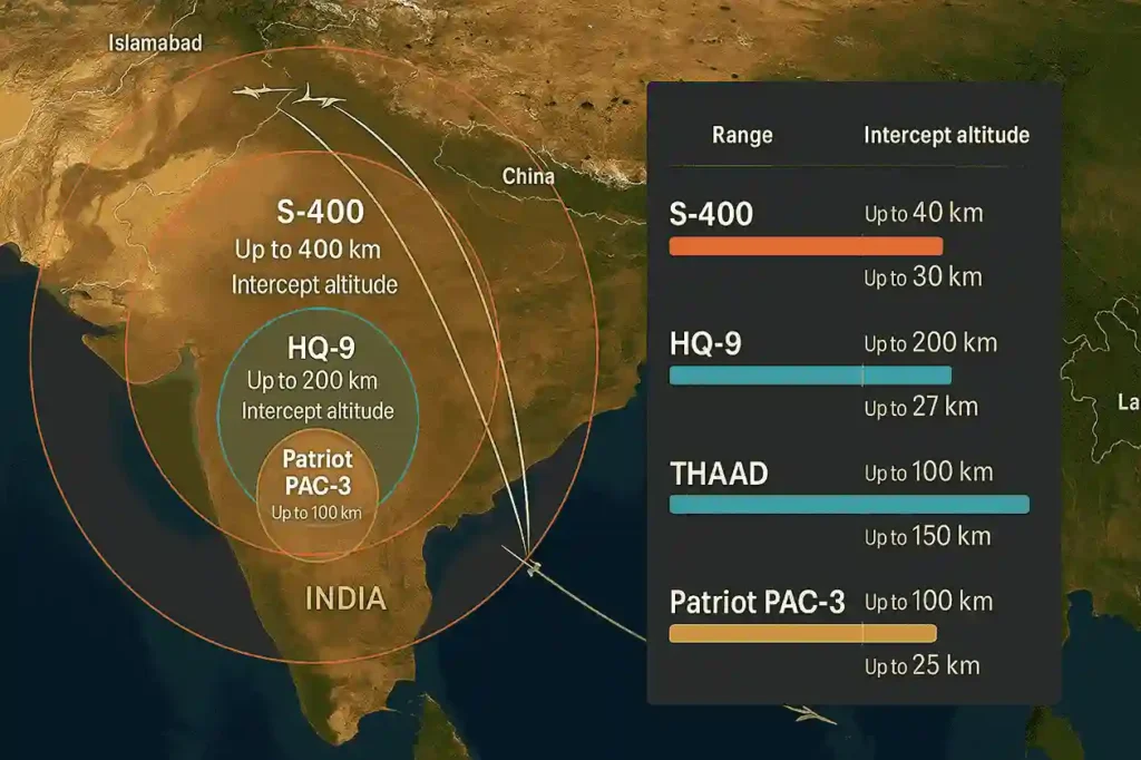 S-400 vs HQ-9, THAAD, Patriot PAC-3 range and intercept altitude comparison over India map