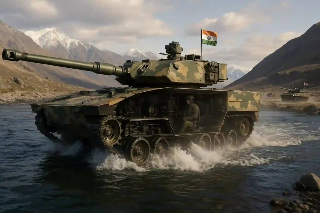 Cutaway infographic of Zorawar tank showing engine, 105 mm gun, APS, UAV-compatible sensors, and amphibious systems.