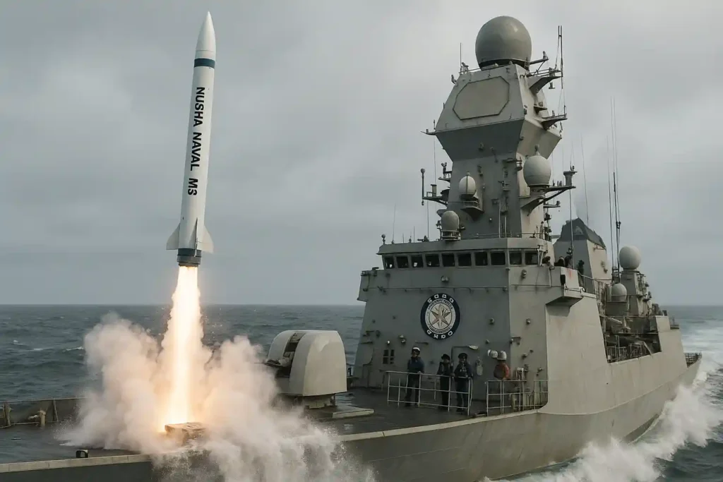 Indian Navy ship launching naval Kusha interceptor missile with radar system at sea.