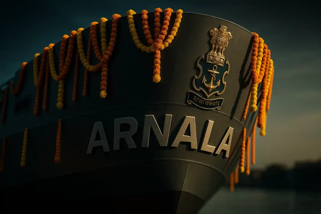 Close-up of INS Arnala’s bow with embossed nameplate and traditional flower decorations at launch event.