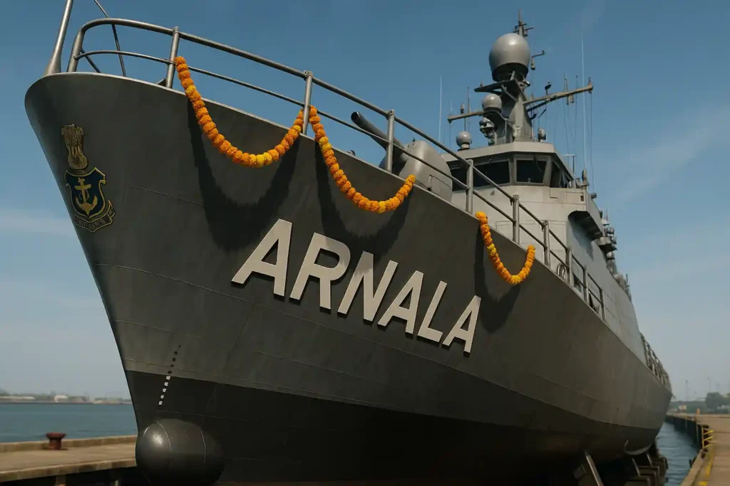 Close-up image of INS Arnala’s bow with nameplate, sonar dome, and flower decorations at launch.