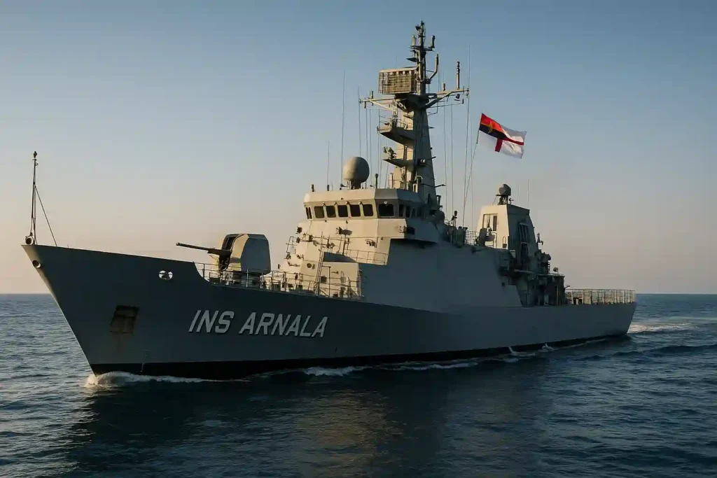 INS Arnala shallow water ASW vessel sailing in Indian waters after commissioning, marked with Navy insignia and full grey camouflage.