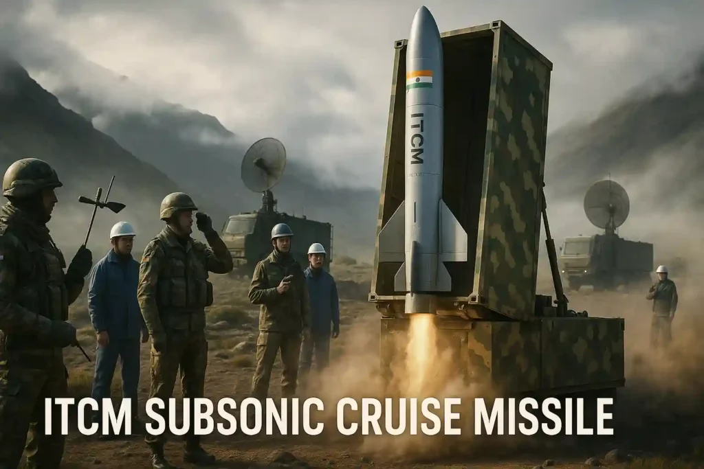 ITCM subsonic cruise missile launch during Indian military trial in the Himalayas with DRDO engineers and Indian Army soldiers in foggy terrain.