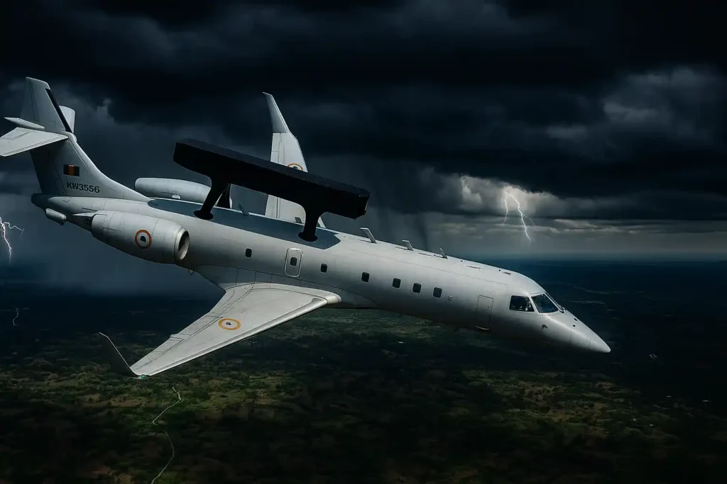 Indian Air Force Netra AEW&C aircraft KW-3556 flying over lush terrain during a monsoon storm, with lightning striking behind dark rain clouds, showcasing airborne radar and surveillance systems in turbulent weather conditions.