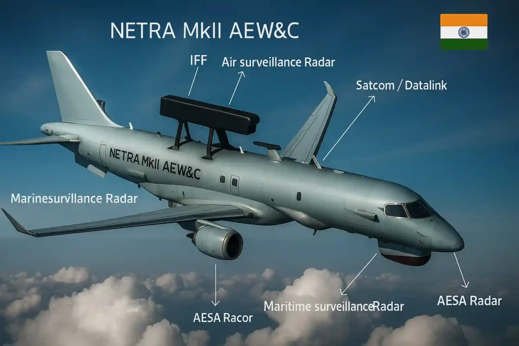 The Indian Netra MkII AEW&C aircraft in flight, highlighting top-mounted air surveillance radar, IFF system, SATCOM/Datalink, AESA radar, maritime surveillance radar, and communication antennae against a clear blue sky.