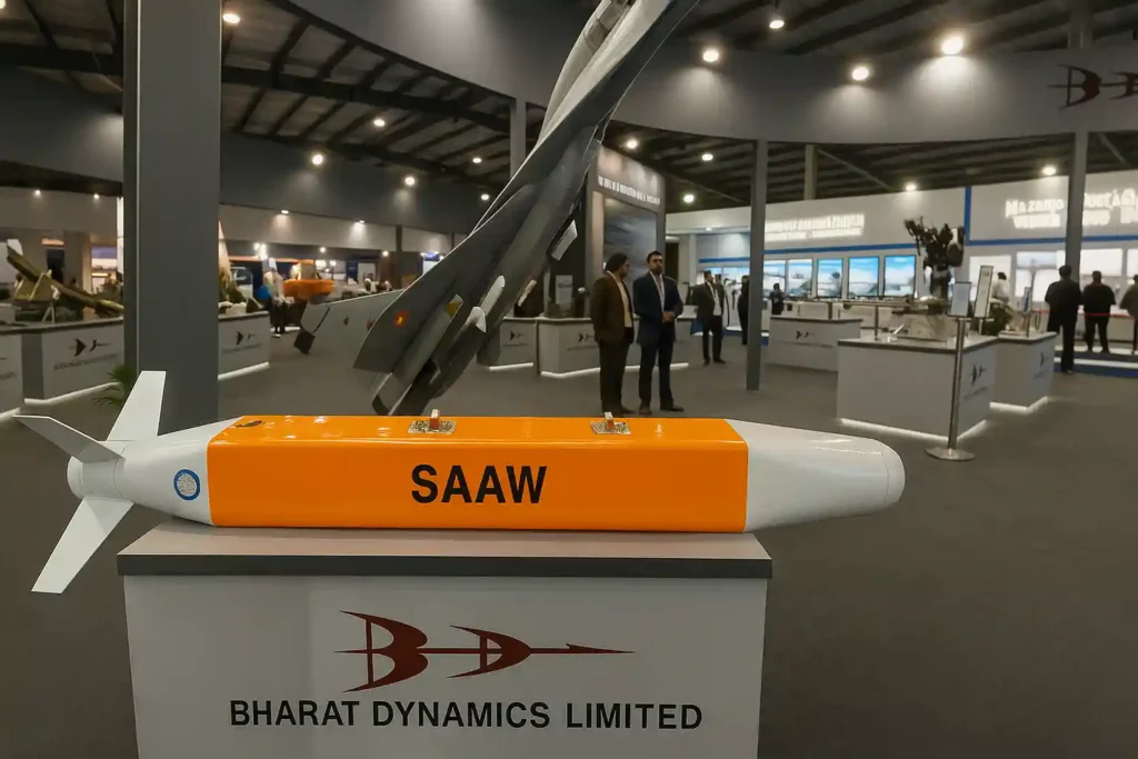 Realistic Smart Anti-Airfield Weapon (SAAW) missile on display at Bharat Dynamics Limited booth during defense expo.