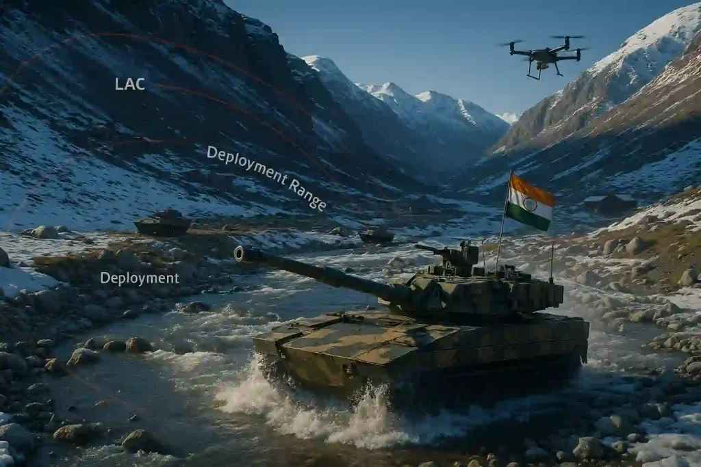 Zorawar tank crossing river in Ladakh near Indian Army post, showcasing amphibious mobility and tactical deployment range.