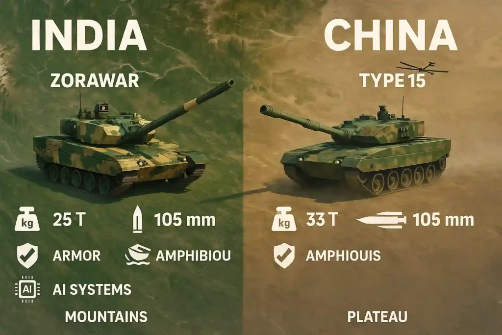 Zorawar tank vs Chinese Type 15 infographic showing performance differences.