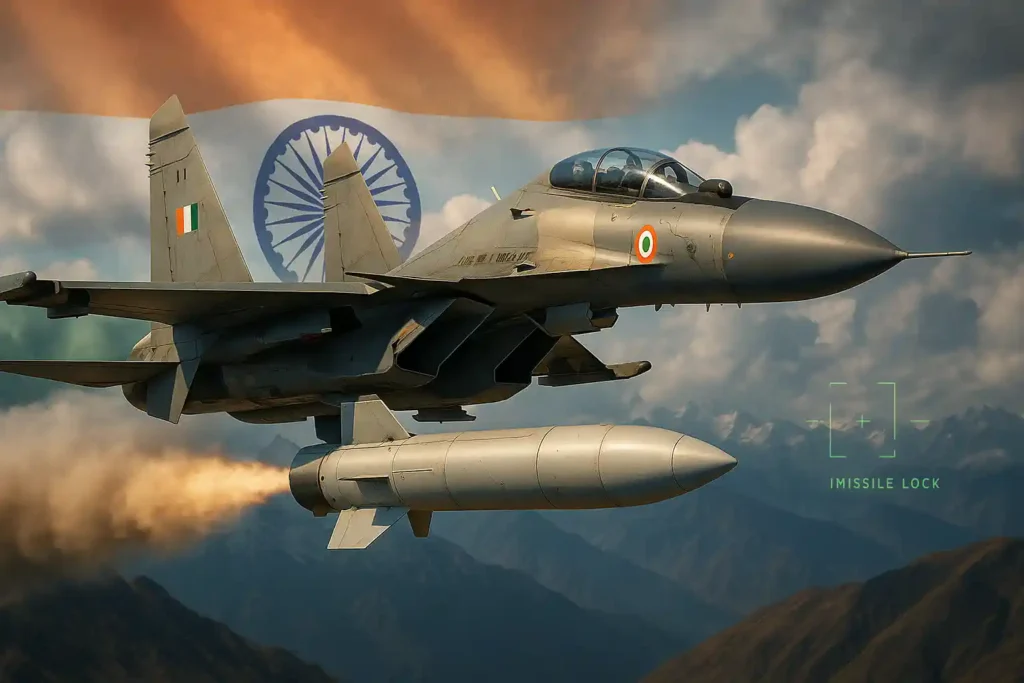 Realistic image showing air-launched version of ITCM mounted under Su-30MKI aircraft. Missile has short intake, compact frame. Background shows IAF base with maintenance crew in action, DRDO logo on launcher pod.