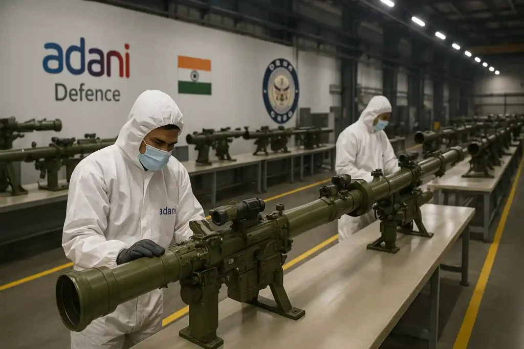 Adani Defence assembling ARKA Igla‑S units on production line with DRDO support in India’s indigenous missile facility.